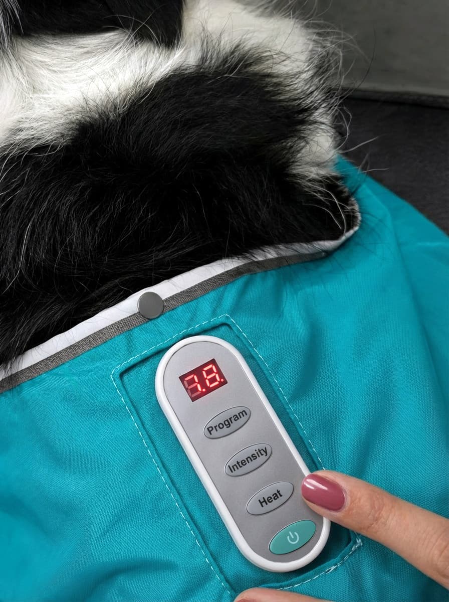 The ANDUPET controller on the back of the jacket, with Program, Intensity and Heat buttons