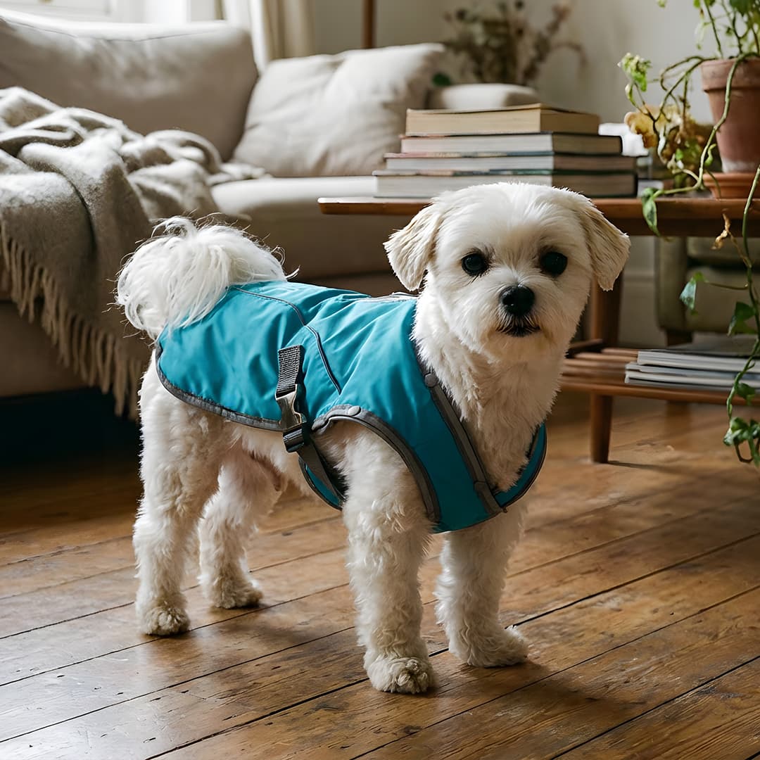 Small white dog wearing the teal ANDUPET ProMassage Jacket